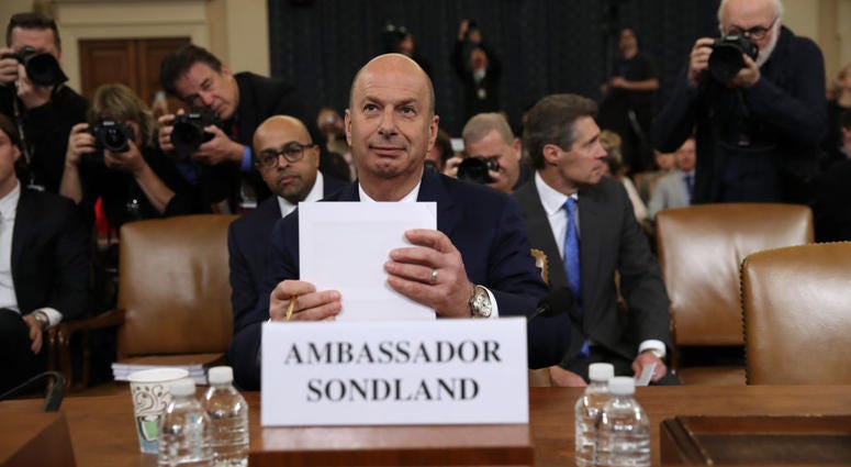 Gordon Sondland, the U.S ambassador to the European Union, waits to testify before the House Intelligence Committee in the Longworth House Office Building on Capitol Hill November 20, 2019 in Washington, DC. Gordon Sondland