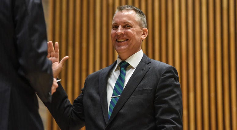 Dermot Shea is sworn in as the new NYPD Police Commissioner by New York Mayor Bill de Blasio on December 2, 2019 in New York City. Dermot Shea