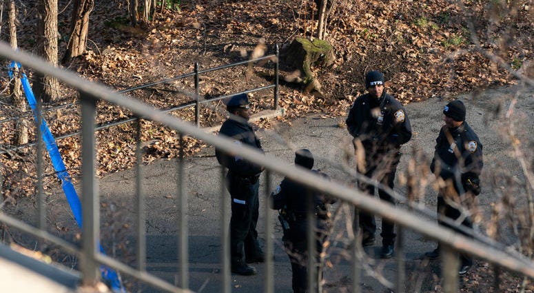 NYPD officers patrol the entrance of Morningside Park on December 12, 2019 in New York City. Barnard Stabbing Scene