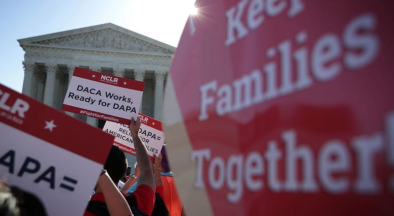 Pro-immigration activists gather in front of the U.S. Supreme Court on April 18, 2016 in Washington, DC. DACA