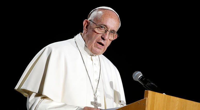 Pope Francis gives a speech during the 'Together in Hope' event at Malmo Arena on October 31, 2016 in Malmo, Sweden. Pope Francis