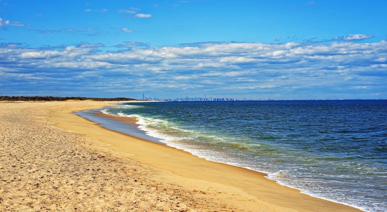 Ocean shore and view to New York City from Sandy Hook, NJ Sandy Hook Beach