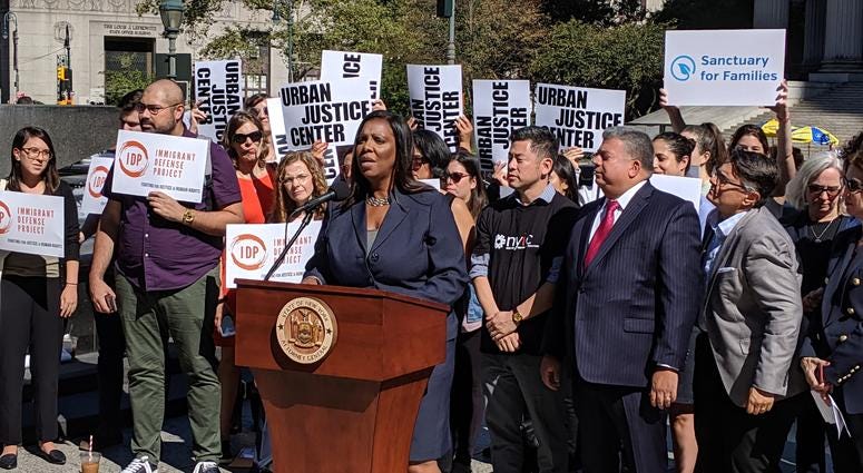 Letitia James at ICE lawsuit rally Letitia James at ICE lawsuit rally