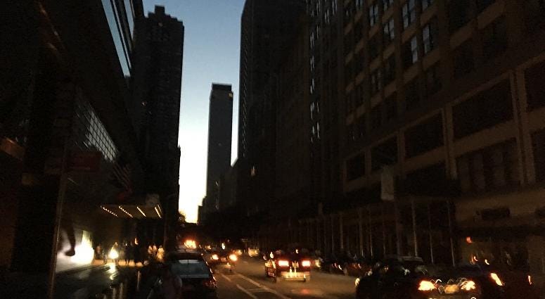 Dark buildings on 60th Street west of Broadway
