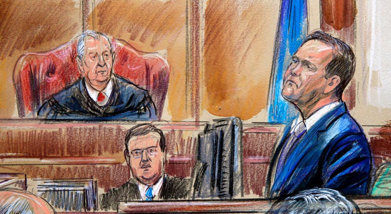This courtroom sketch depicts Rick Gates on the witness stand as he is cross examined by defense lawyer Kevin Downing during the trial of former Donald Trump campaign chairman Paul Manafort on bank fraud and tax evasion at federal court in Alexandria, Va. Rick Gates