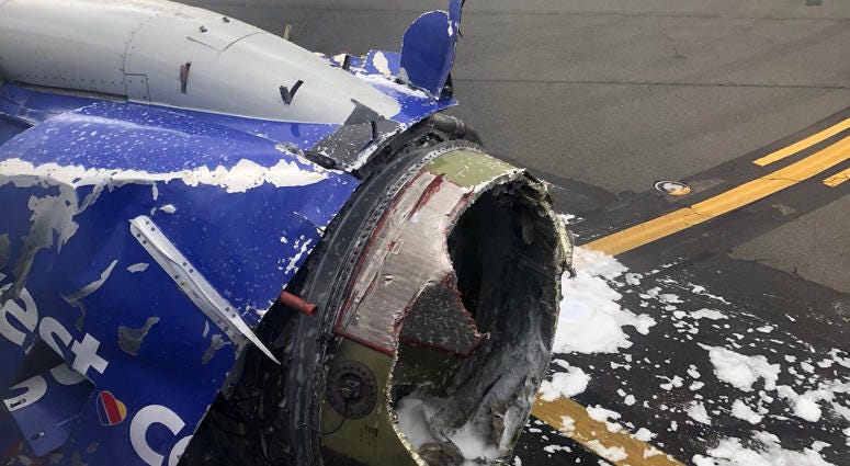 Photo from a Twitter post by Joe Marcus (@joeasaprap) on April 17, 2018 showing what appears to be the damaged engine on a Southwest Airlines airplane. Southwest Airlines Emergency Landing
