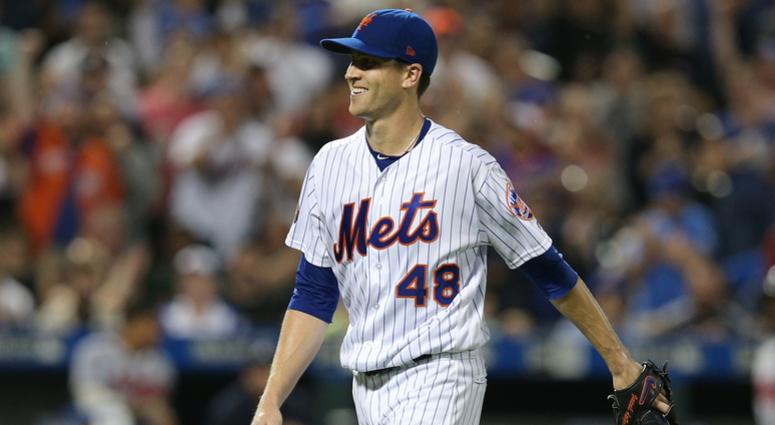 New York Mets starting pitcher Jacob deGrom (48) reacts after the top of the eighth inning against the Atlanta Braves at Citi Field Jacob deGrom