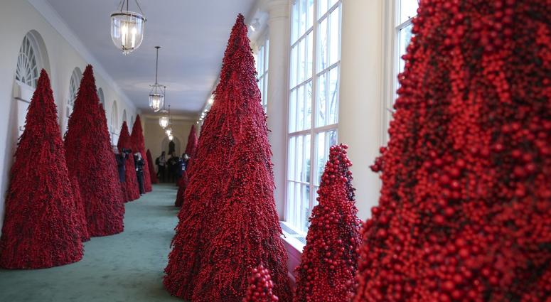 Christmas decor adorns the East Colonnade of the White House on November 26, 2018 in Washington, DC. White House Christmas 2018