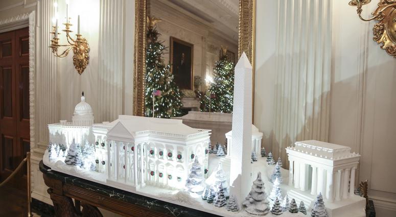 The gingerbread decorations are on display in the State Dining Room of the White House on November 26, 2018 in Washington, DC. White House Christmas 2018
