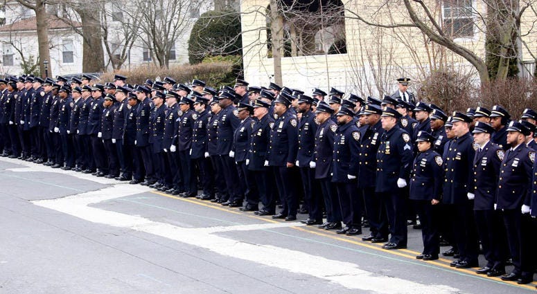 Members of the New York City Police Department line the street outside Immaculate Conception Church in Tuckahoe before the funeral of NYPD officer Brian Kessler Jan. 23, 2019. Kessler, a New Rochelle resident, died Jan. 16th in a car crash on while on his NYPD Funeral