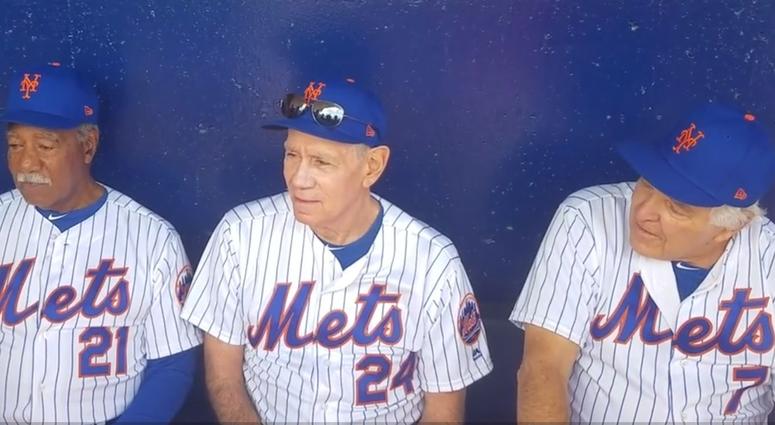From left, Cleon Jones, Art Shamsky and Ed Kranepool, players from the 1969 World Series winning team, take in spring training from the Mets dugout at First Data Field in Port St. Lucie, Fla., on Friday, Feb. 22, 2019. 1969 Mets