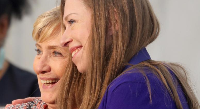 Hillary Clinton stands with her daughter Chelsea after presenting her with the Eleanor Roosevelt Val-Kill Medal during a ceremony at the Eleanor Roosevelt National Historic Site in Hyde Park, N.Y. Oct. 13, 2019. Hillary and Chelsea Clinton