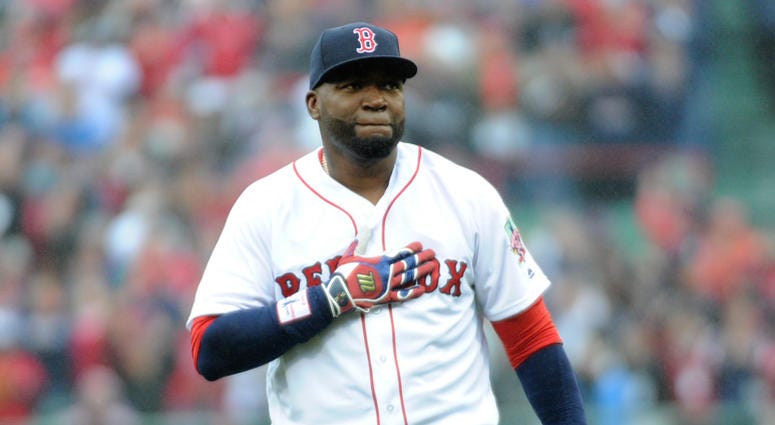 Boston Red Sox designated hitter David Ortiz (34) acknowledges the fans prior to pre game ceremonies in his honor before a game against the Toronto Blue Jays at Fenway Park. David Ortiz