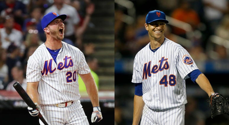 Pete Alonso on July 8, 2019 in Cleveland, Ohio; Jacob deGrom on Sept. 9, 2019 in New York City. Pete Alonso and Jacob deGrom