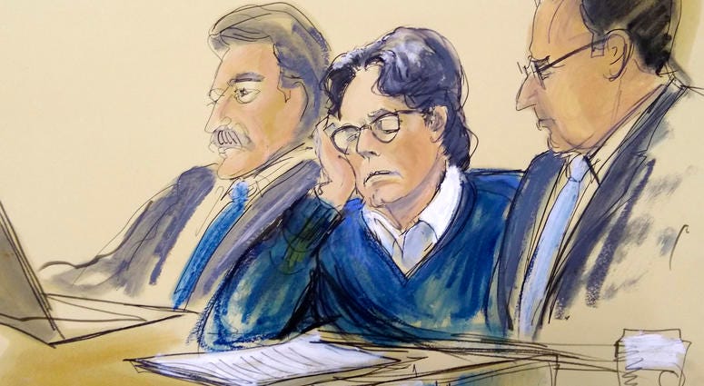 In this courtroom artist's sketch, defendant Keith Raniere, center, sits with attorneys Paul DerOhannesian, left, and Marc Agnifilo during closing arguments at Brooklyn federal court, Tuesday, June 18, 2019 in New York.