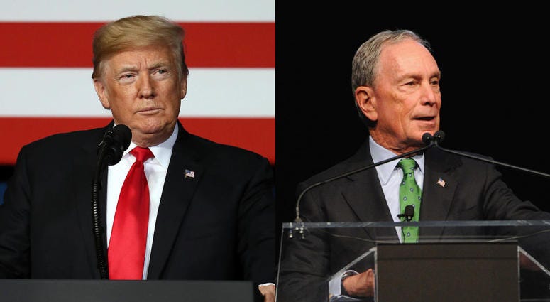 President Donald Trump in Kansas City, Missouri on Dec. 7, 2018; Michael Bloomberg in New York City on Dec. 4, 2017. Donald Trump and Michael Bloomberg