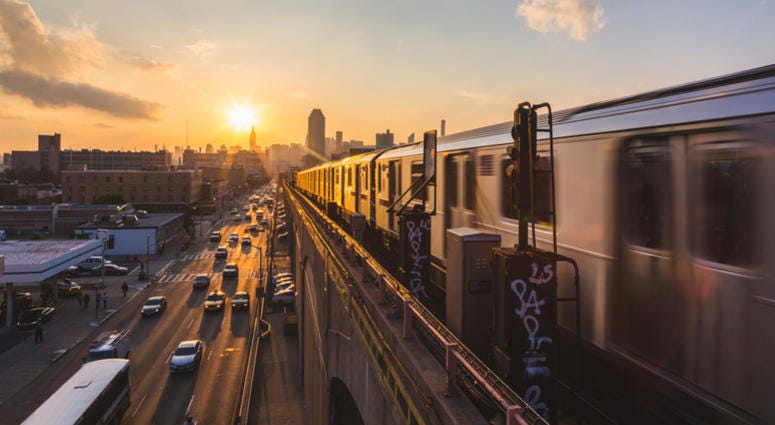 Elevated train tracks in New York City. Elevated subway train