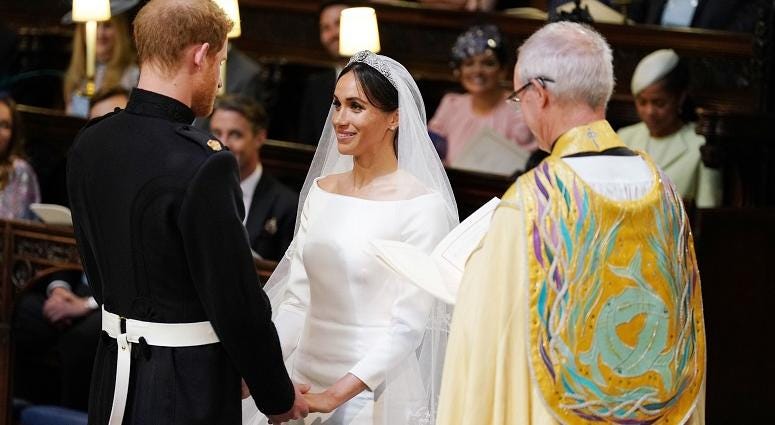 Prince Harry and Meghan Markle in St George's Chapel at Windsor Castle during their wedding service, conducted by the Archbishop of Canterbury Justin Welby. The Royal Wedding