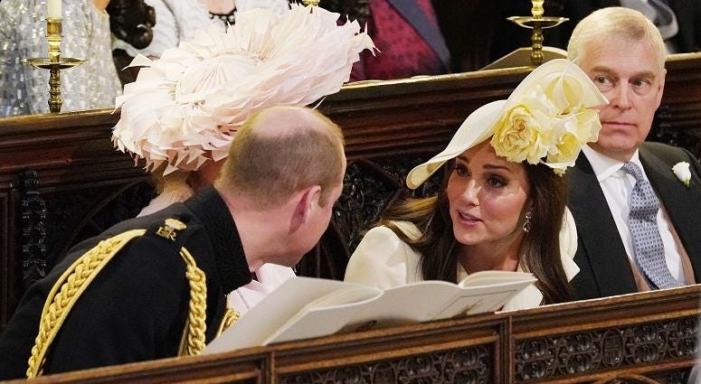 The Duke of Cambridge (left), the Duchess of Cambridge and the Duke of York during the wedding service for Prince Harry and Meghan Markle at St George's Chapel, Windsor Castle. The Royal Wedding