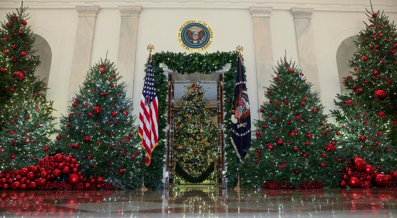 Christmas decor adorns Grand Foyer of the White House on November 26, 2018 in Washington, DC. White House Christmas 2018