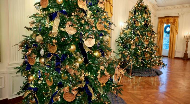 Christmas decor adorns the East Room of the White House on November 26, 2018 in Washington, DC. White House Christmas 2018