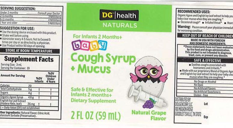 Recalled Dollar General cough syrup packaging. Cough Syrup Recall