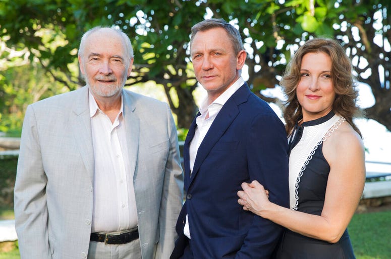 Producers Michael G Wilson, left, and Barbara Broccoli, right, with actor Daniel Craig