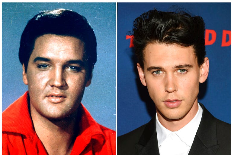 Elvis Presley in a 1964 photo, left, and actor Austin Butler
