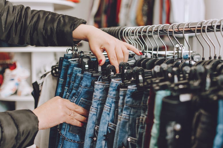 Denim jeans on a rack