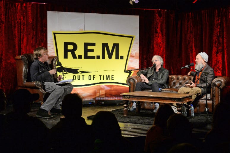 Mike Mills and Michael Stipe of R.E.M take part in a Q&A session at The Borderline in Soho, London Mike Mills and Michael Stipe of R.E.M take part in a Q&A session at The Borderline in Soho, London