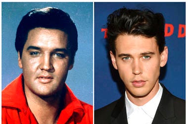 Elvis Presley in a 1964 photo, left, and actor Austin Butler