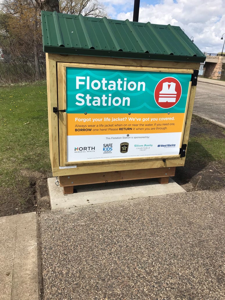 Flotation stations loan life jackets for all ages free of charge.