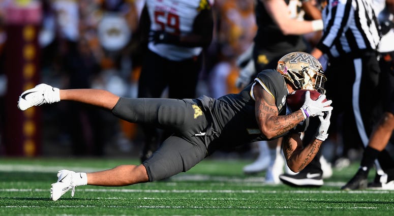 Making the catch against Maryland is Gopher wideout Chris Autman-Bell Gopher wide receiver Chris Autman-Bell
