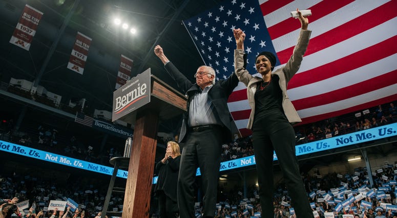 Williams Arena rally for Bernie Sanders, with Ilhan Omar Bernie Sanders and Omar at Williams Arena