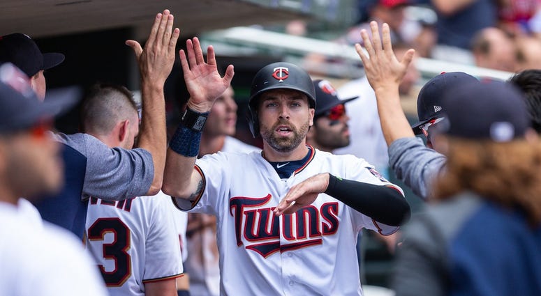 Jake Cave after his second career homer Jake Cave in Twins dugout