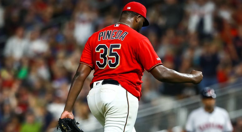Sep 6, 2019; Minneapolis, MN, USA; Minnesota Twins starting pitcher Michael Pineda (35) celebrates after recording a strike out against the Cleveland Indians in the fifth inning at Target Field.