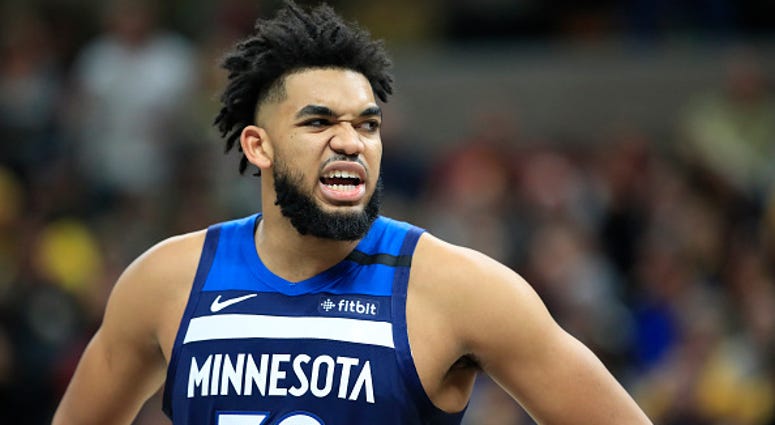 Karl-Anthony Towns reacts after a play with the Timberwolves.