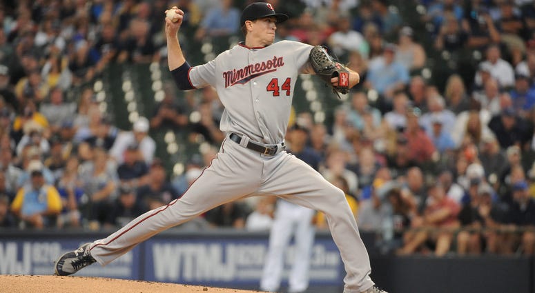 Aug 14, 2019; Milwaukee, WI, USA; Minnesota Twins starting pitcher Kyle Gibson (44) delivers a pitch against the Milwaukee Brewers in the first inning at Miller Park.