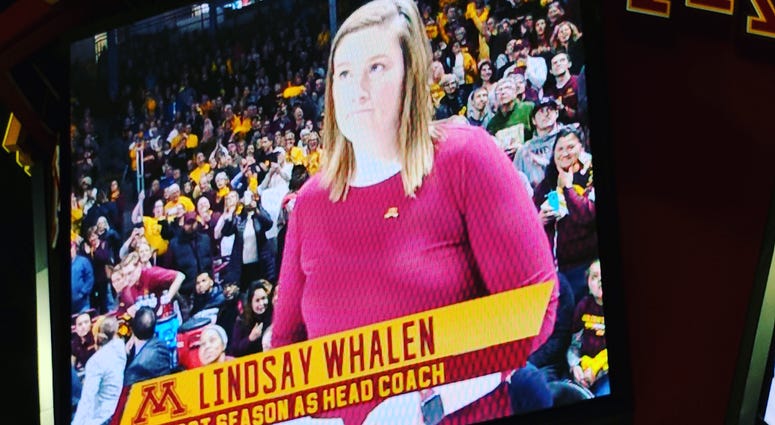 Gopher coach Lindsay Whalen on the scoreboard Lindsay Whalen coaching the Gophers
