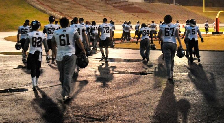 St. Cloud State players take the field in a light rain to practice Friday, Nov. 22, 2013,