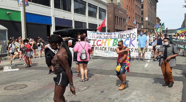 Downtown Minneapolis pride and justice reform march Marching in downtown Minneapolis