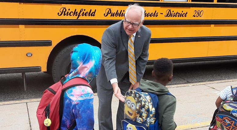 Gov Walz on the first day of school in Richfield Governor Walz and school kids