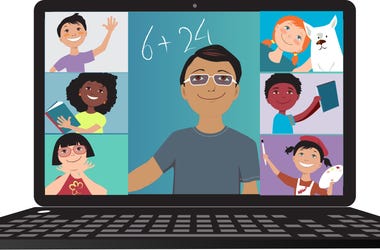 Image of a teacher and students in an online classroom