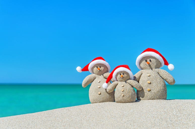Christmas Snowmen in santa hats at tropical beach Christmas Snowmen in santa hats at tropical beach