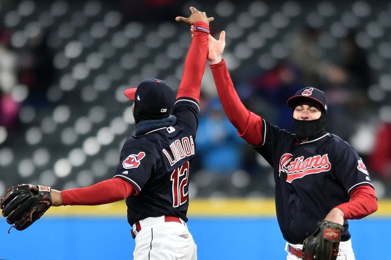 Cleveland Indians shortstop Francisco Lindor (12) and center fielder Bradley Zimmer (4) Cleveland Indians shortstop Francisco Lindor (12) and center fielder Bradley Zimmer (4)