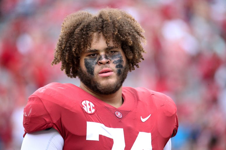 Sep 29, 2018; Tuscaloosa, AL, USA; Alabama Crimson Tide offensive lineman Jedrick Wills Jr. (74) reacts after a game against the Louisiana-Lafayette Ragin Cajuns at Bryant-Denny Stadium. The Crimson Tide defeated the Ragin Cajuns 56-14. Mandatory Credit: