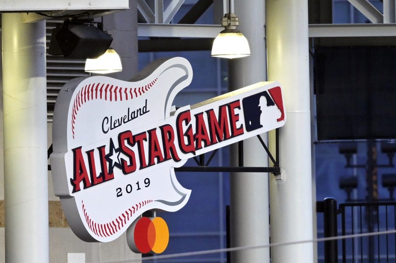 the all-star game logo hanging at Progressive Field the all-star game logo hanging at Progressive Field