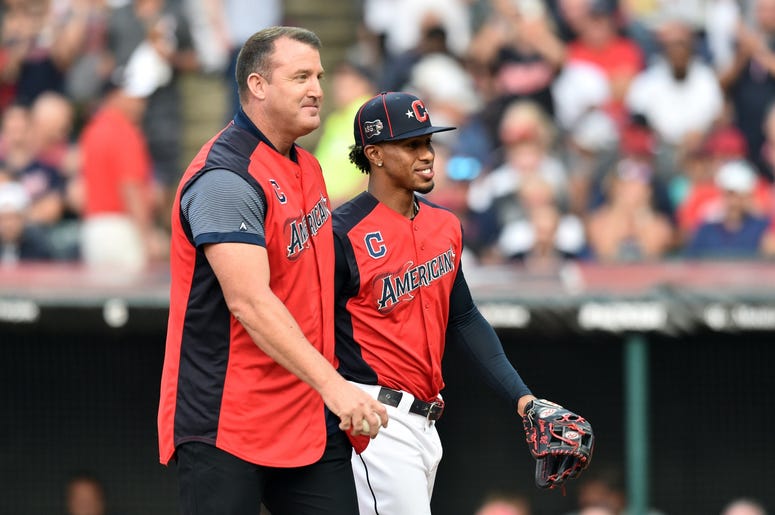 American League infielder Francisco Lindor of the Cleveland Indians hugs Indians former player Jim Thome prior to the 2019 MLB Home Run Derby at Progressive Field. American League infielder Francisco Lindor of the Cleveland Indians hugs Indians former player Jim Thome prior to the 2019 MLB Home Run Derby at Progressive Field.
