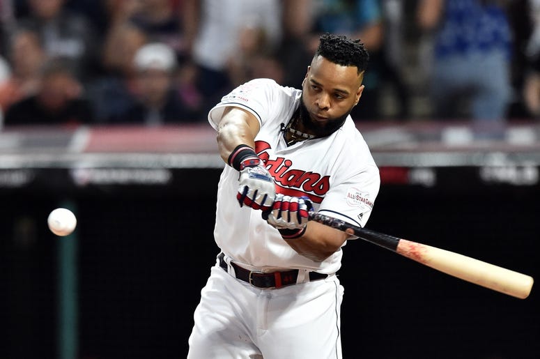Cleveland Indians first baseman Carlos Santana (41) during the first round in the 2019 MLB Home Run Derby at Progressive Field. Cleveland Indians first baseman Carlos Santana (41) during the first round in the 2019 MLB Home Run Derby at Progressive Field.