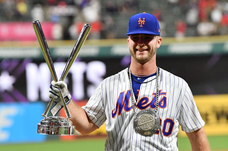 New York Mets first baseman Pete Alonso (20) hold the trophy after winning in the 2019 MLB Home Run Derby at Progressive Field. New York Mets first baseman Pete Alonso (20) hold the trophy after winning in the 2019 MLB Home Run Derby at Progressive Field.
